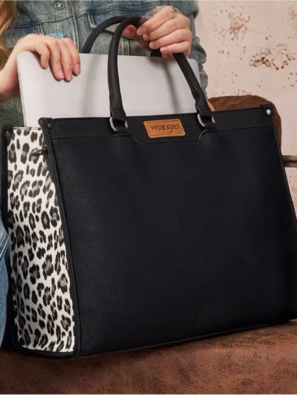 Wrangler Black Tote with White and Black Leopard Side Panels